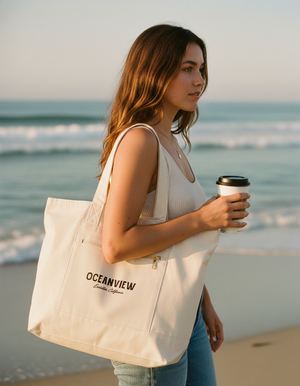 Oceanview Encinitas Canvas Tote — Zippered Beach & Market Bag